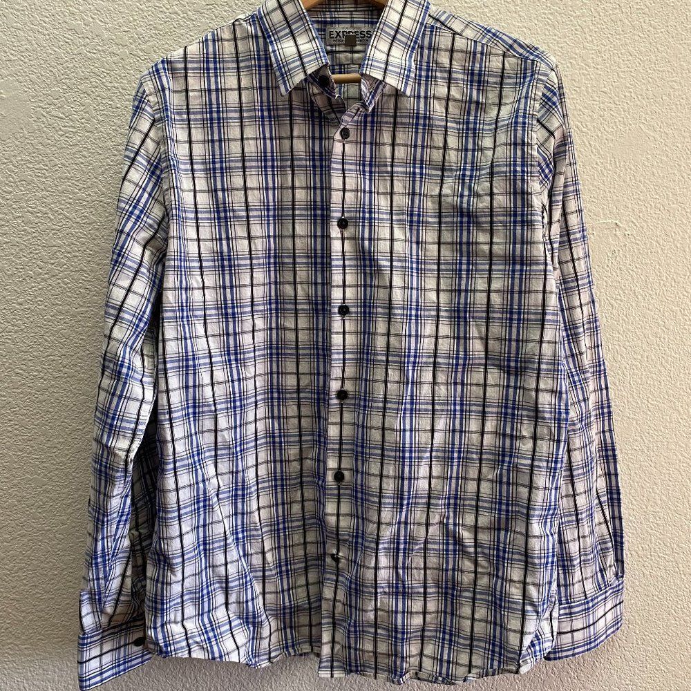 Express Fitted Stretch Cotton Button Down Plaid Long Sleeve Shirt Large